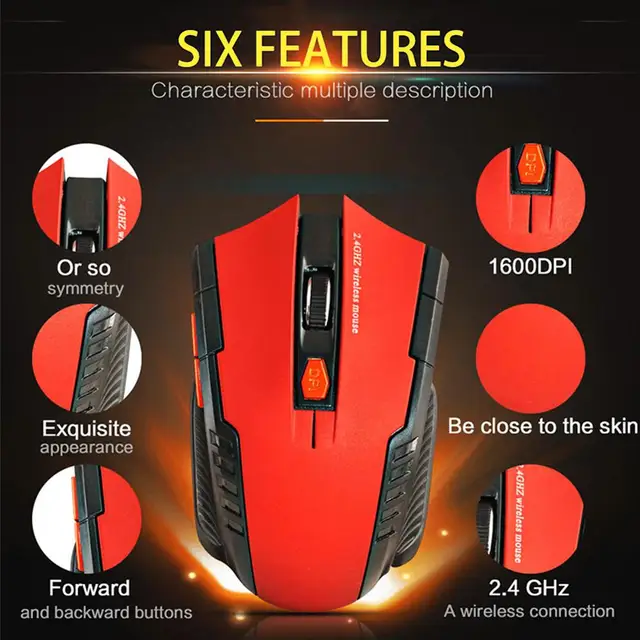 2000DPI 2.4GHz Wireless Optical Mouse Gamer for PC Gaming Laptops Opto-electronic Game Wireless Mice with USB Receiver 3