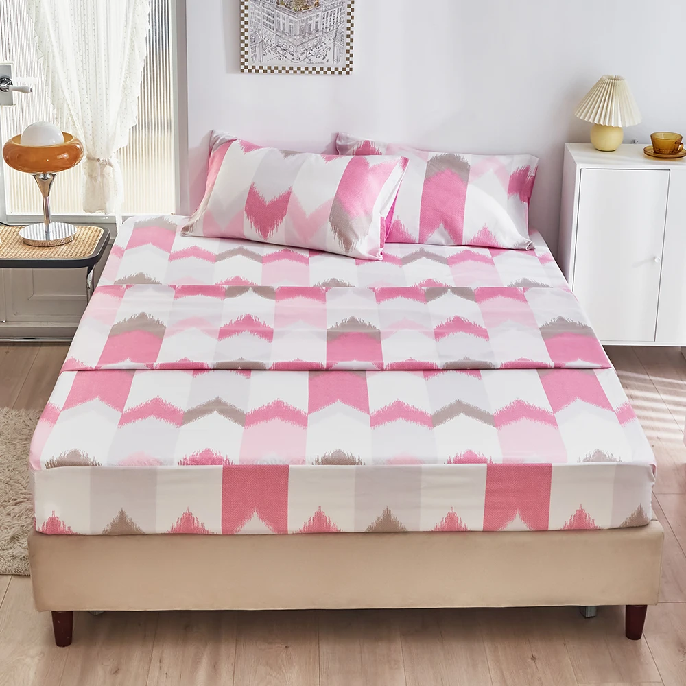 

Bonenjoy 4 pcs Bed Sheet Set Pink Striped Printed Bottom Sheet Top Sheets with Pillowcase for Single/Queen/King/Double Size Bed