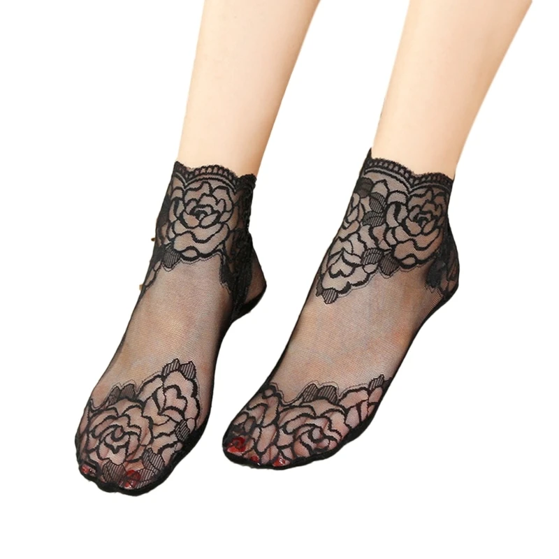 

Women Girls Summer Socks Lace Flower Decors Short Sock Silicone Non-slip Invisible Moisture Wicking Boat Ankle Socks