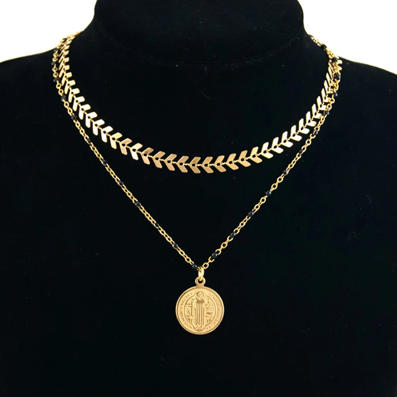 

Summer Double Layer Necklaces For Women 2022 Stainless Steel St.Benito Jewelry Leaves Clavicle Chain collares de moda mujer