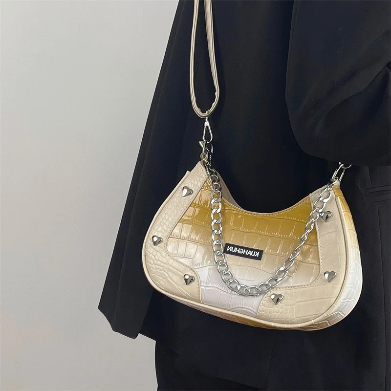 

Love Heart Rivets Y2k Hot Girls Underarm Bag Gradient Color Women's Chain Shoulder Bags Crocodile Pattern Trendy Messenger Bag