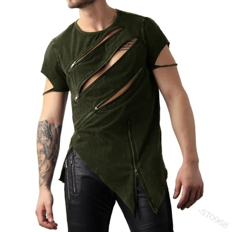 

2023 New Spring Summer Street Fashion Casual Solid Color Decorative Zipper Pullover Round Neck Men's T-shirt