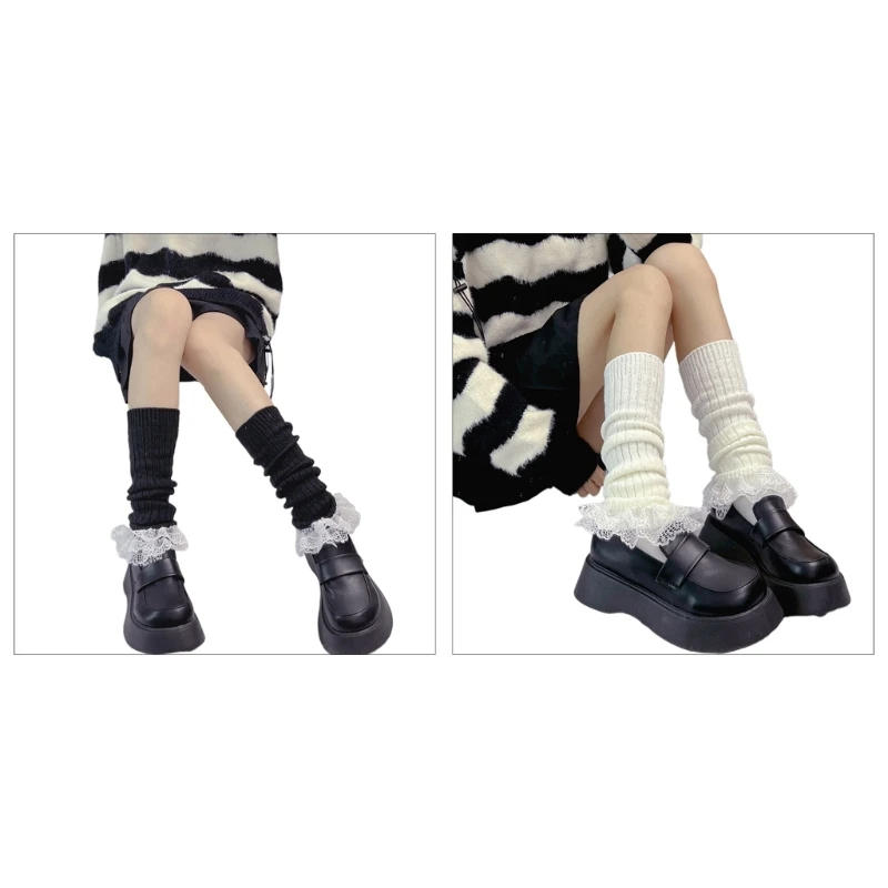 

449B Fall Winter Ribbed Knitted Leg Warmers Cute Tiered Ruffled Lace Hem Foot Covers Middle Tube Calf Long Socks for Women