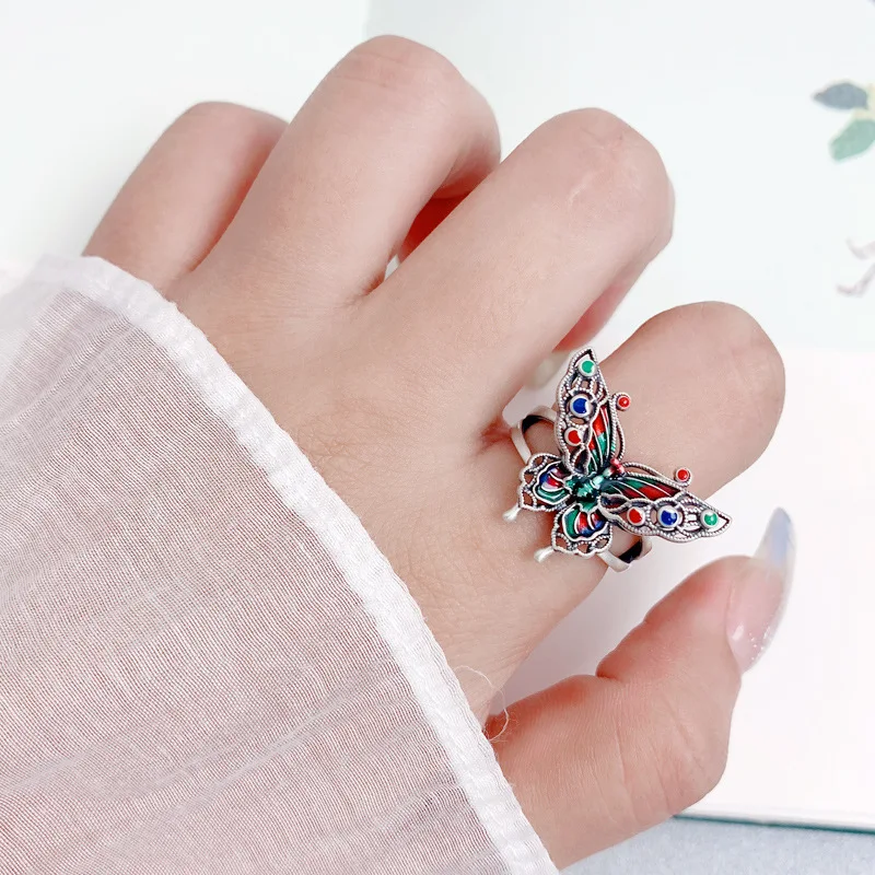 

Vintage 925 Sterling Silver Enamel Stereoscopic Butterfly Ring for Women Ethnic Hollow Double Layer Insect Adjustable Open Rings