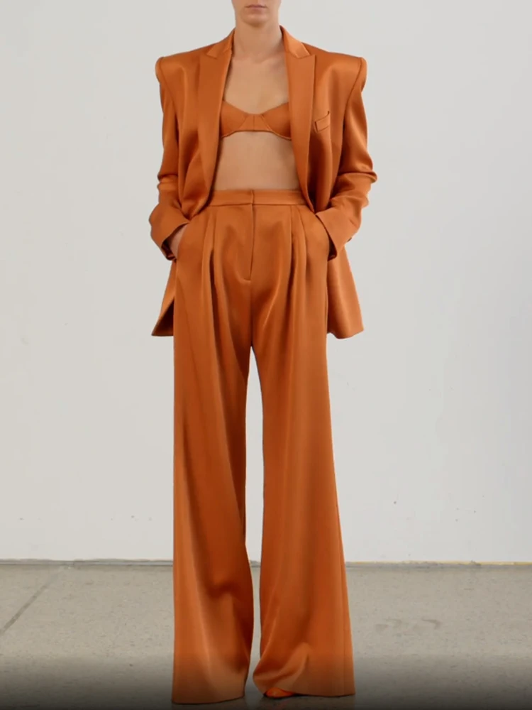 

Женский двубортный атласный Шелковый блейзер с лацканами и брюки с широкими штанинами