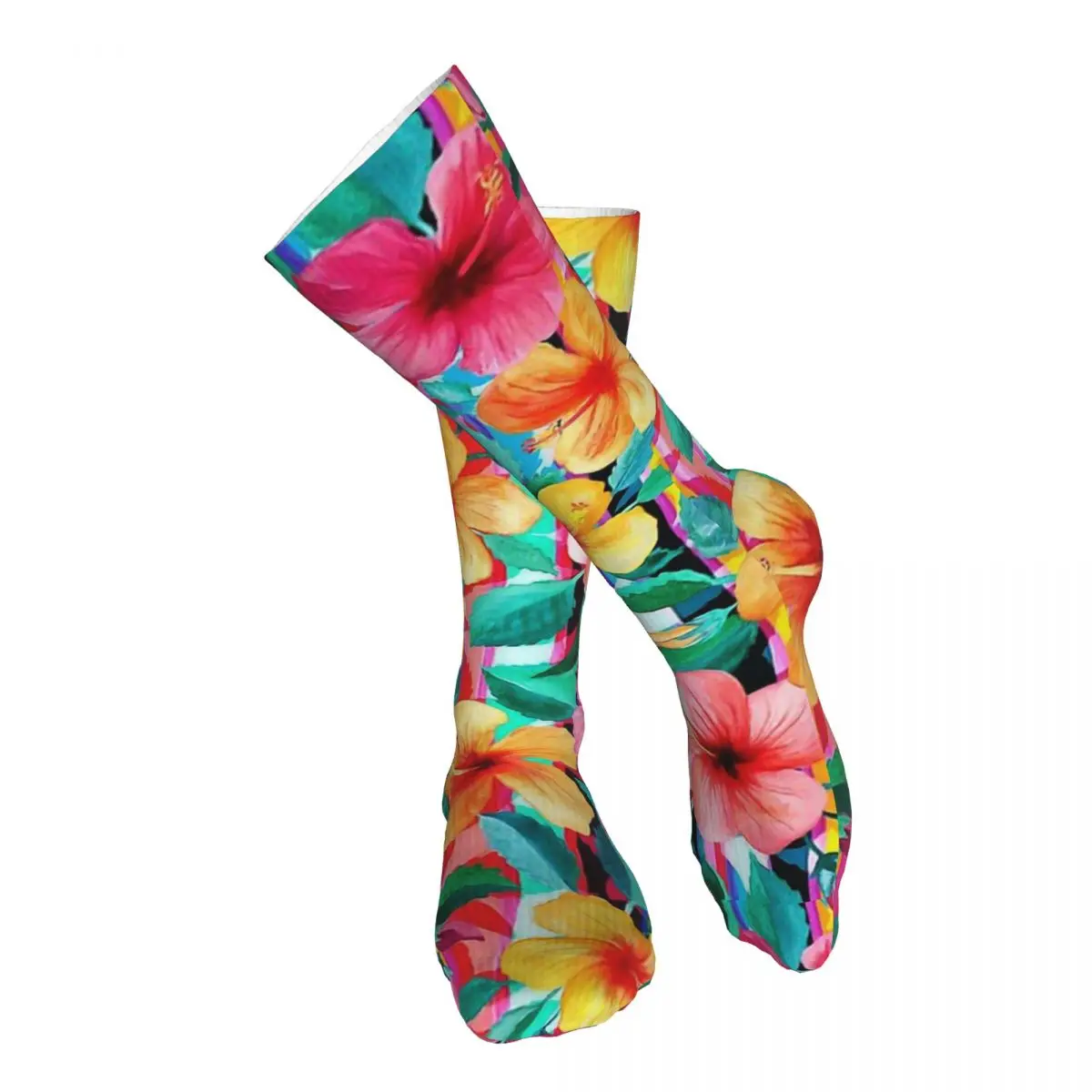 

OTT Maximalist Hawaiian Hibiscus Floral With Stripes Adult Stockings Stretchy For Daily Matching comfortable All Seasons