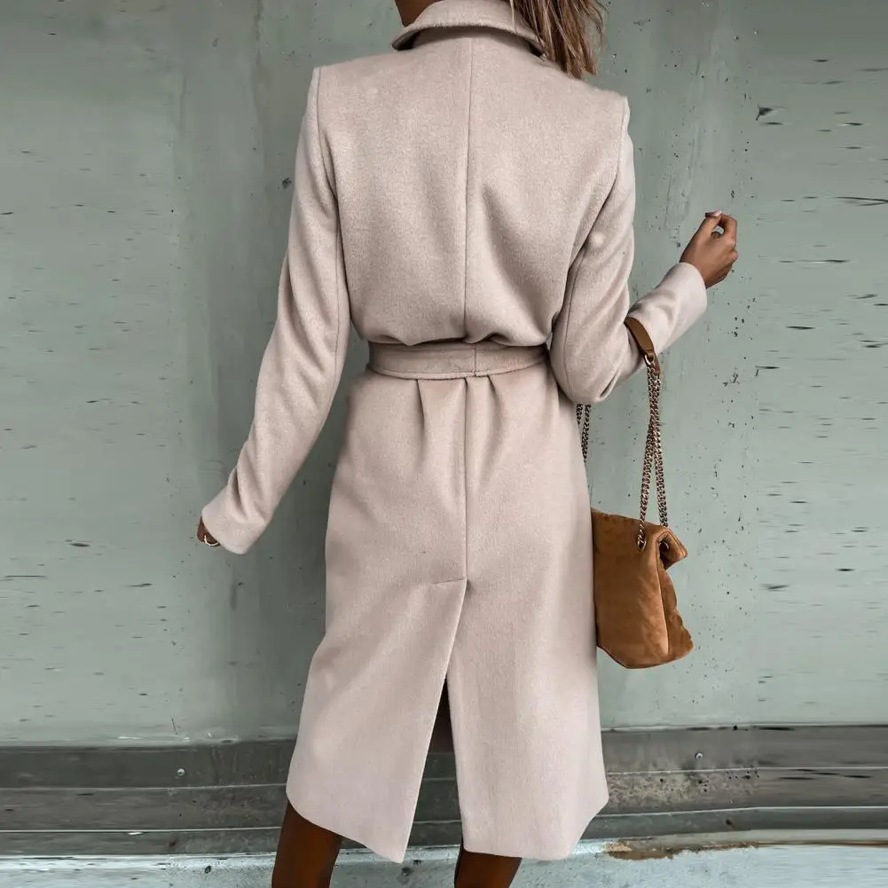 

Women Outerwear Solid Color Ladies Long Coat Turndown Collar Calf-length Woolen Coat