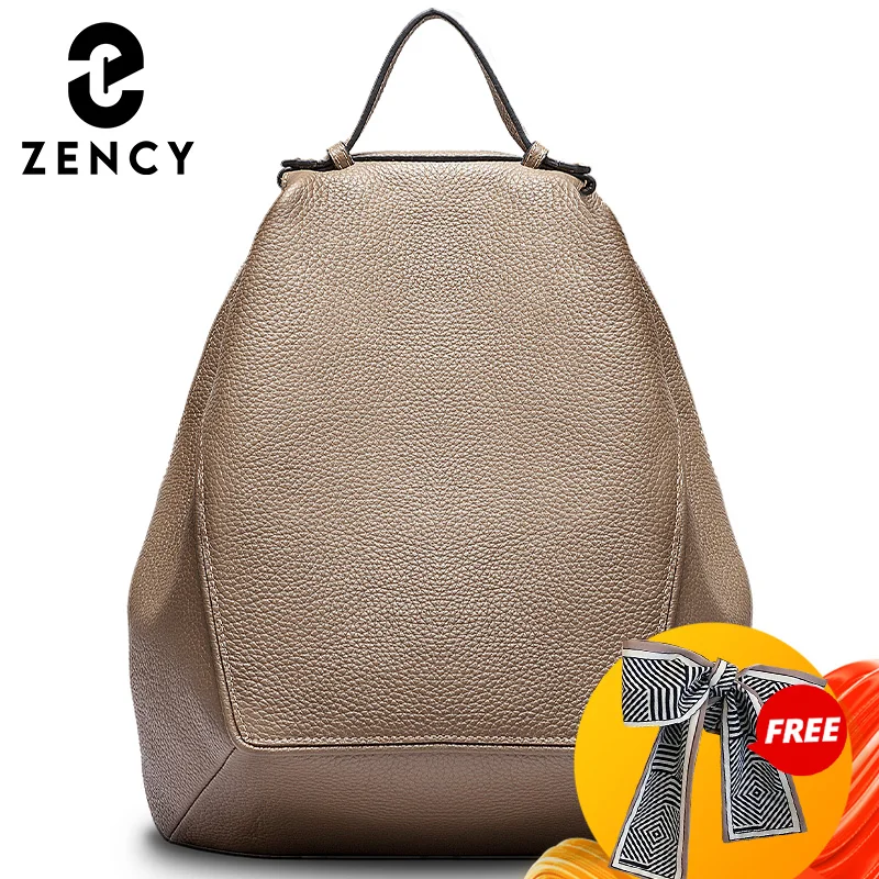 Zency New Model 100% Natural Leather Women Backpack Large Travel Bags Irregular Oval Daily Knapsack Girl's Schoolbag Khaki