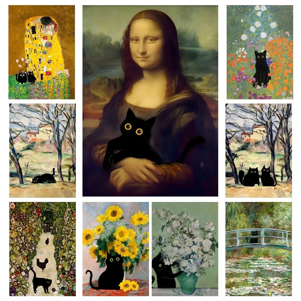 

Famous Paintings Mona Lisa Starry Night With Funny Black Cat Poster Wall Art Home Decor Room Decor Digital Painting Living Room
