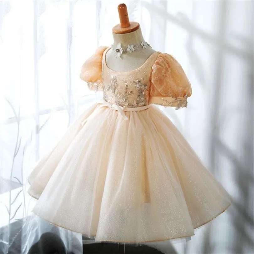 

Girls Dress For Weddings Flower Sequin Princess 1st Birthday Party Dress For Girl Puff Sleeve Baby Baptism Christening Ball Gown