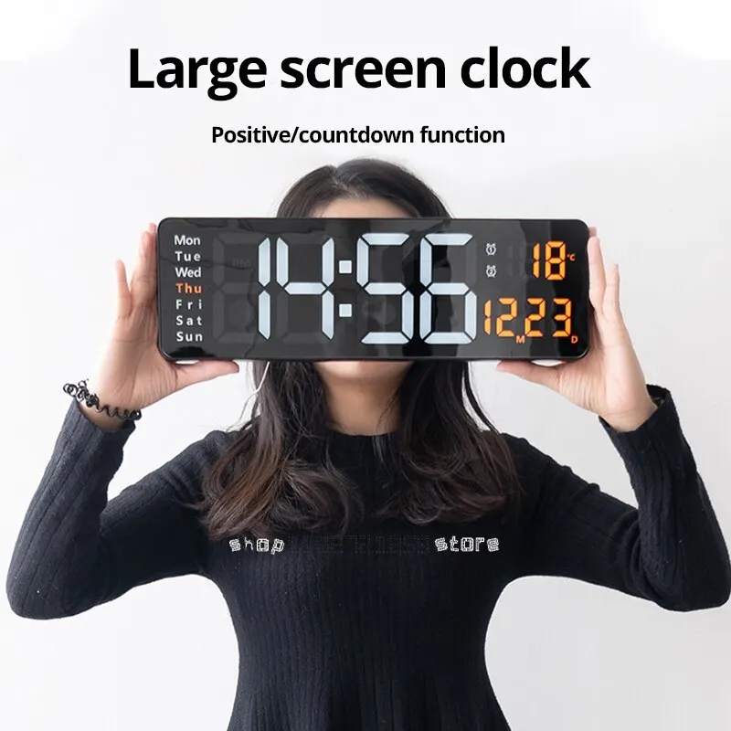 Wall Mounted Remote Control Temperature Date Week Display Timer Dual Alarm Clock