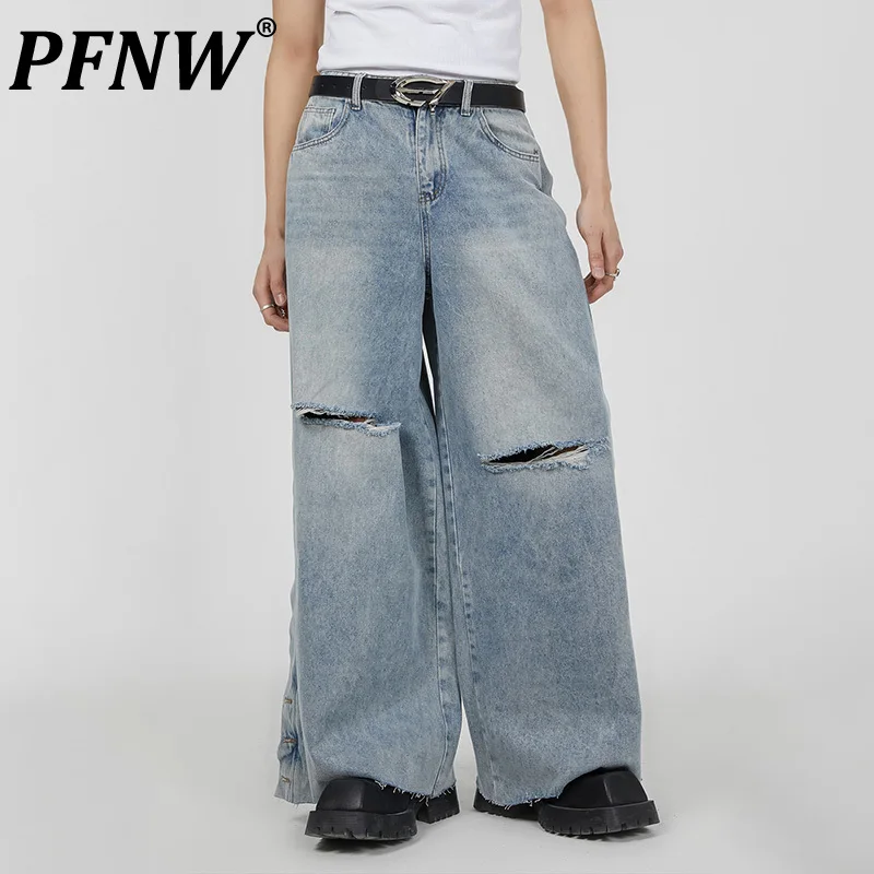 

PFNW Spring Summer Men's Tide Worn Out Techwear Jeans Fashion Wearproof Straight Vintage Streetwear Denim Wide Leg Pants 12A9561