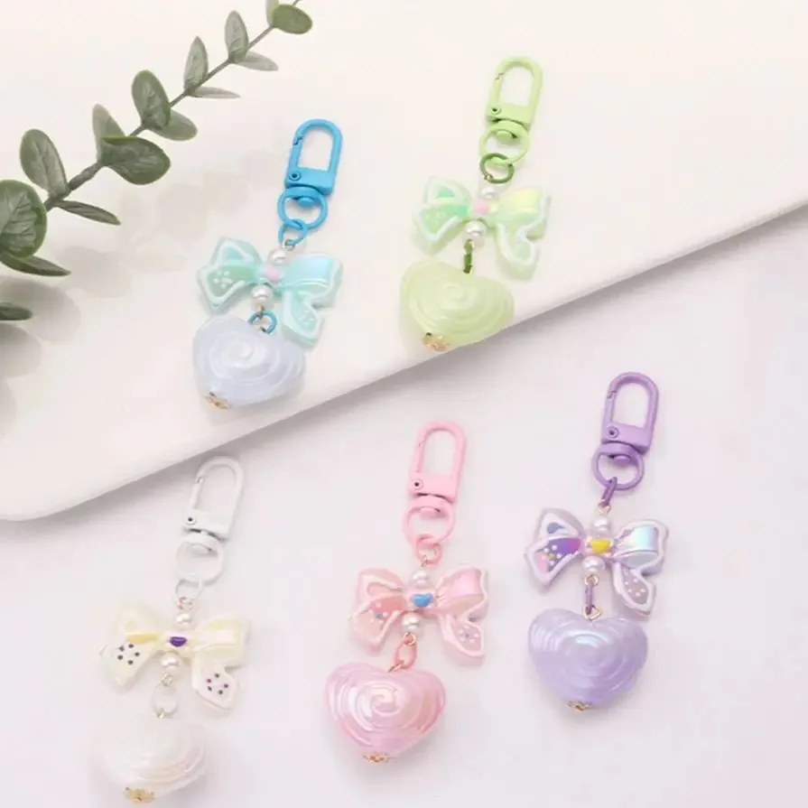 

Cute Bow Heart Pendant Keychain Colorful Gradient Acrylic Alloy Keyring Bag Packback Hanging Car Accessories Girl Students Gift