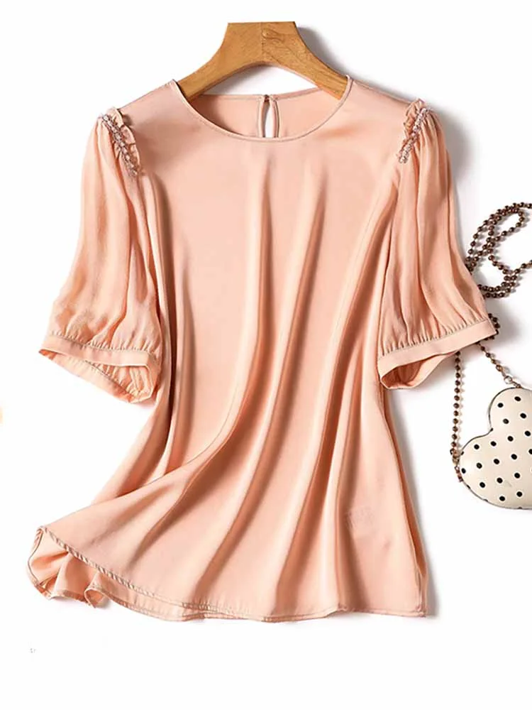 

Women Fashion Solid Color Chiffon Shirt 2023 Summer Light Thin Breathable Round Neck Mid-Sleeve Shirt Blouse Women Casual Tops