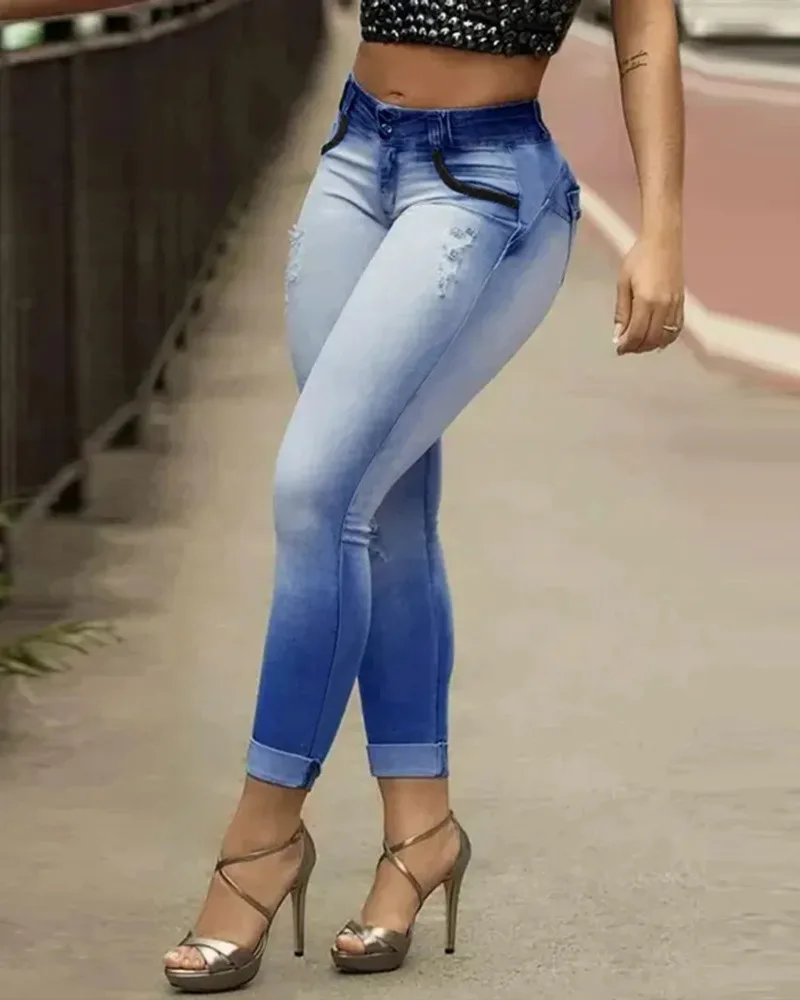2022 Fall New Women's Pants Ripped Tight High Waist Jeans Button Pocket Solid Color Sexy Slim Ankle Jeans
