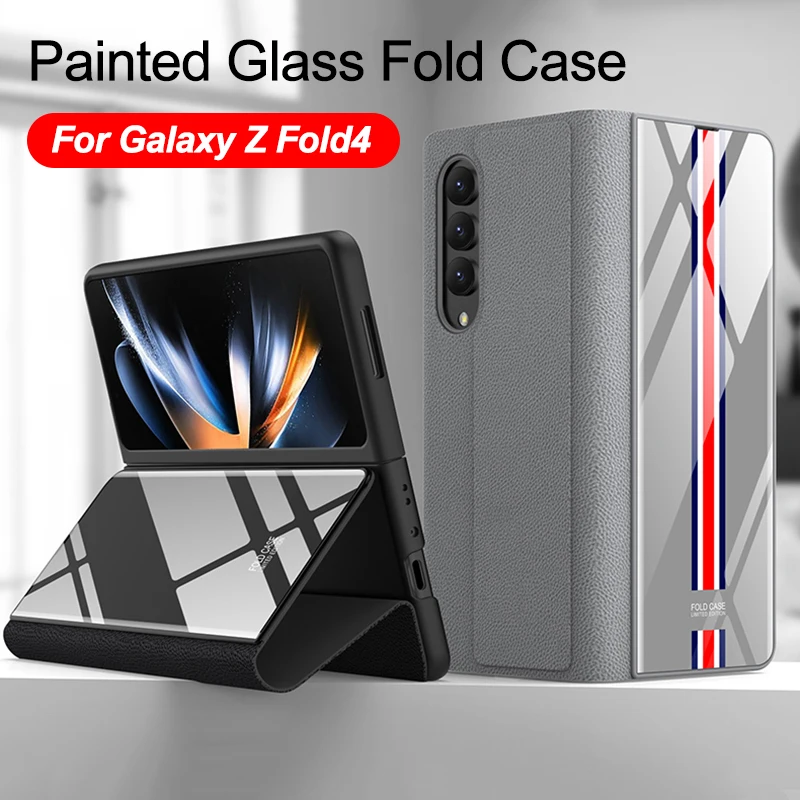

Чехол GKK для Samsung Galaxy Z Fold4, кожаный складной чехол с узором из закаленного стекла для Galaxy Z Fold4, кожаный чехол-держатель
