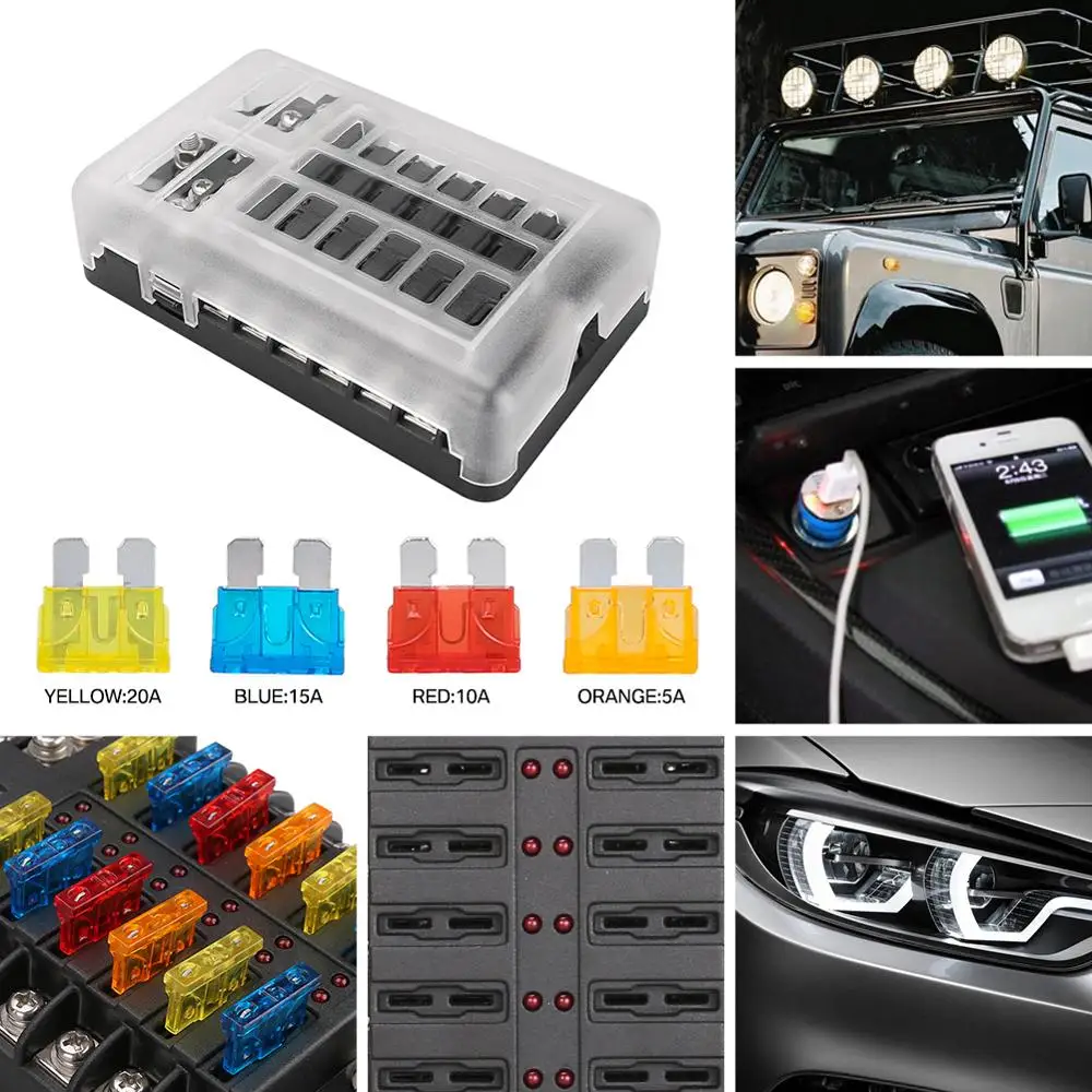 12V 32V Plastic Cover Fuse Box Holder M5 Stud With LED Indicator Light 6 Ways 12 Blade for Auto Car Boat Marine Trike - купить по