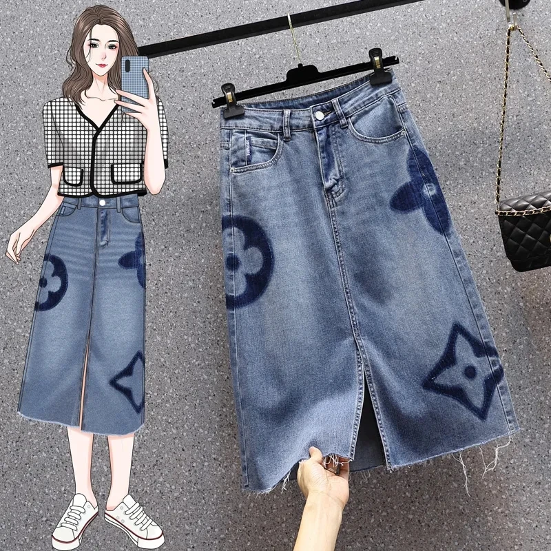 

2023 Summer New Large Size Stretch Split Denim Skirt Women's Clothing Spring Summer Slit A-line Jeans Skirt BC356