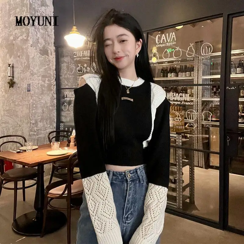 

Женский трикотажный свитер с открытыми плечами, черный или белый Укороченный джемпер с круглым вырезом и бантом, осень 2022