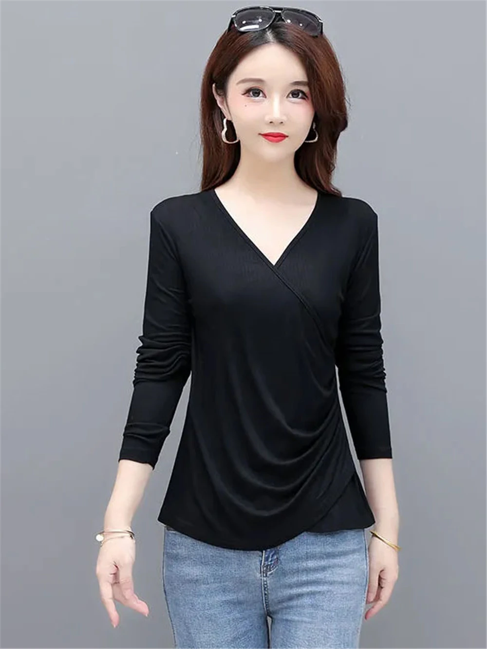 

New Spring And Autumn Women's Modal Long-sleeve Casual Solid Color Cross V-neck Bottoming pullover Fashion Trendy Slim Top 5XL