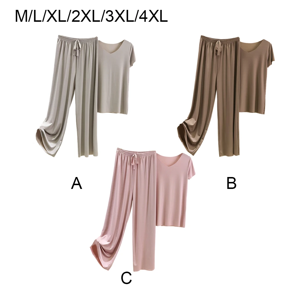

Women Ice Silk Pajama Set Comfortable T-Shirt Loose Pants Clothing Two Pieces Simple Style Casual Sleepwear Light M