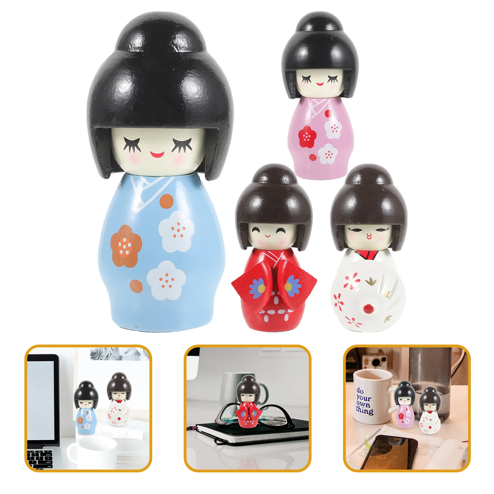 

4 Pcs Little Girl Model Decor Puppet Japanese Traditional Kimono Decoration Kimonos Wood Style