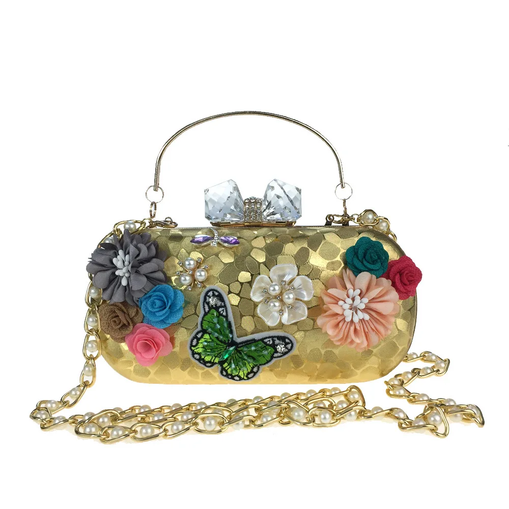 

21.5x11CM New 3D Satin Flower Dinner Bag Embroidered Butterfly Pearl Petals Women Water Cube Leather Clutch Bag A7834