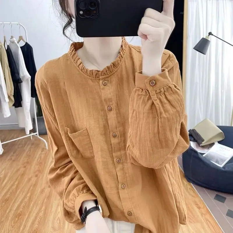 

Cotton Linen Shirt Long Sleeve Spring Fall Solid Loose Women Tops Vintage Stand Collar Basic Shirts Blouses Purple White