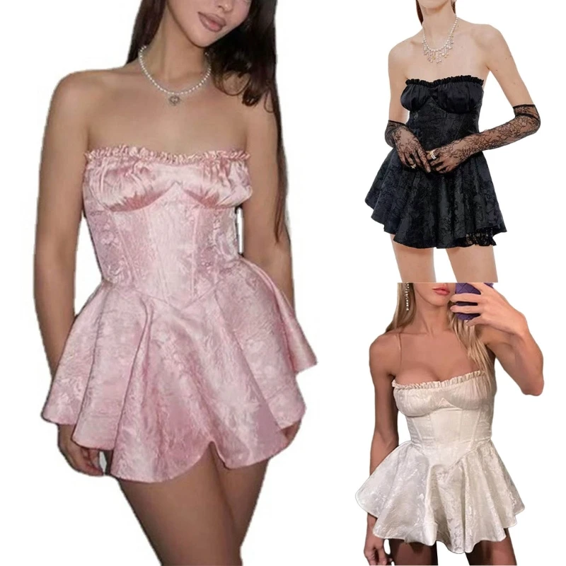 

Q0KE Платье-топ для женщин, летние однотонные мини-платья без бретелек, пляжное платье с рюшами и уличной одеждой