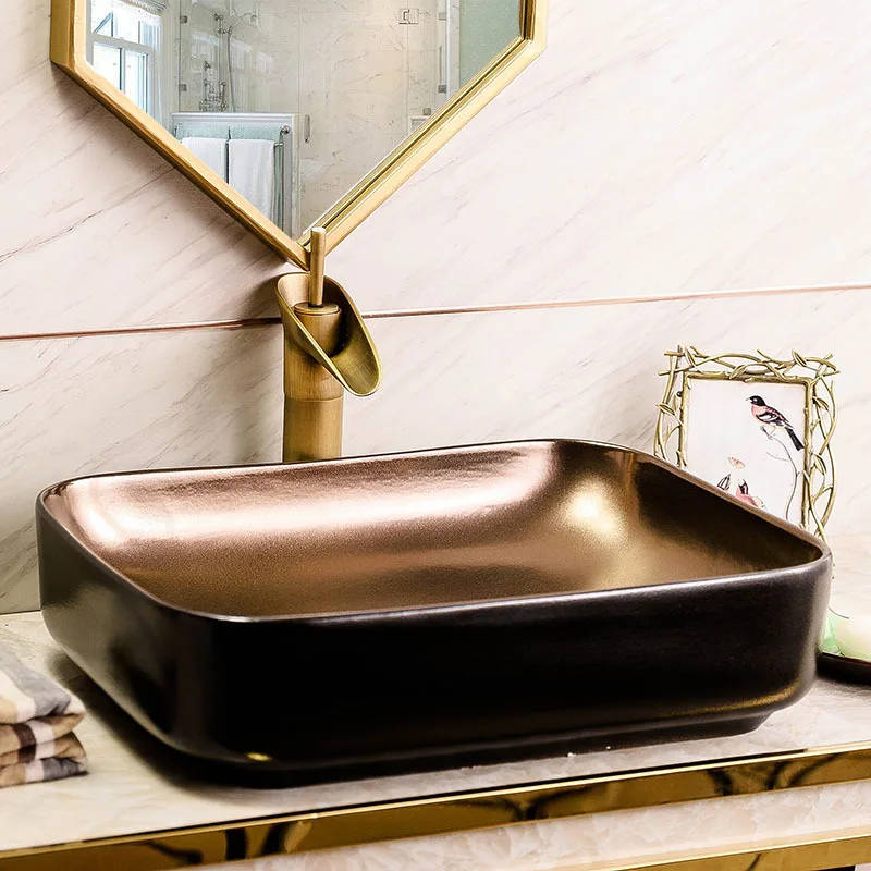 

Metal Glaze Table Basin Square Ceramic Washbasin Bathroom Oval Art Hand Washing Hotel Wash Basin Inter-Platform Basin