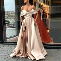 sexy split champagne prom dresses off the shoulder satin floor length white pink blush simple evening party gowns for women