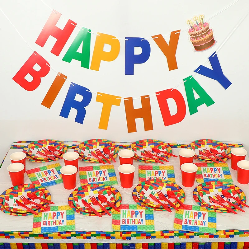 Красочные строительные блоки для вечеринки одноразовые столовые приборы