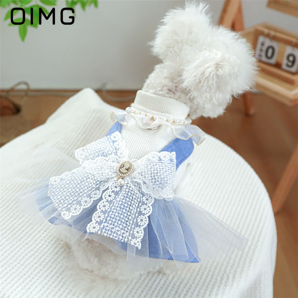 

OIMG Blue Small Dogs Dress Pearl Lace Pet Cute Princess Dress Schnauzer Yorkies Bichon Teddy Beauty Dress Dog Cat Clothes