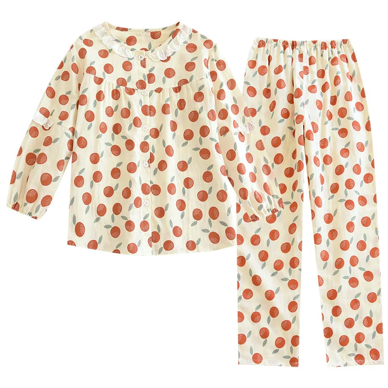 Pj Sets for Women Woven Cotton Long Sleeve Trousers Encryption Double Gauze Lace Collar Botton Suit Spring Thin Female Pajamas