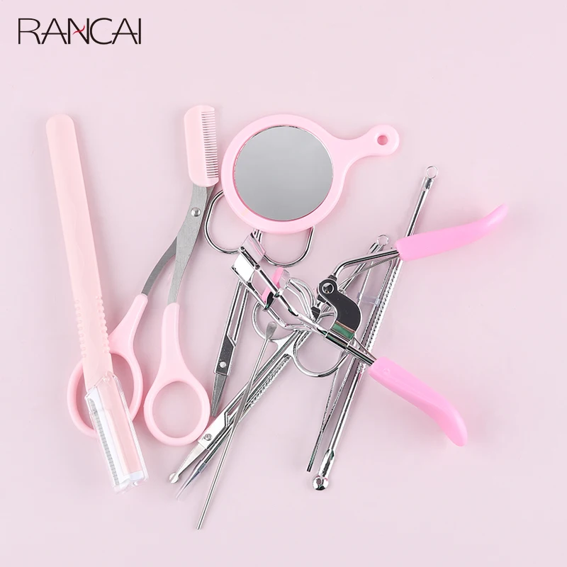 

RANCAI 10pcs/Set Stainless Steel Shaving Comb Scissors Acne Needles Remover Tools Sets Eyebrow Trimmer Pink Blackhead Razor Kit