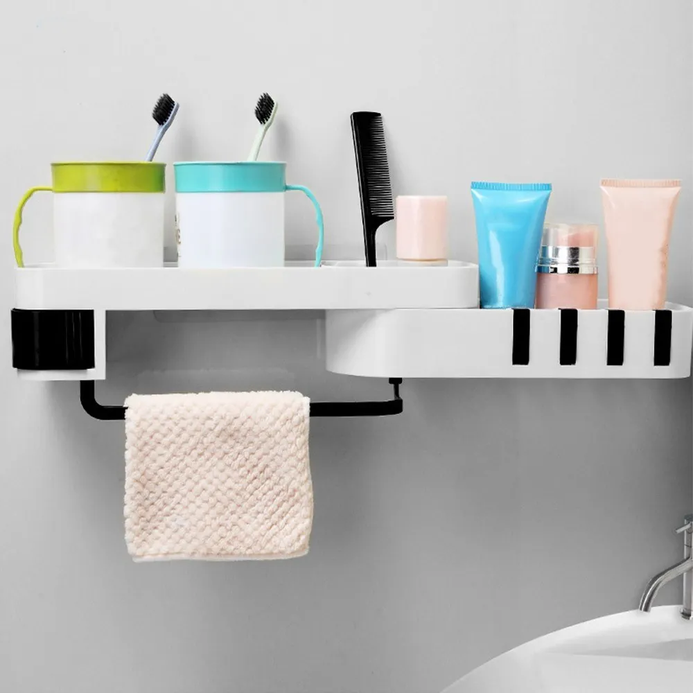 

Bathroom Corner Shelf No Drilling Wall-mounted Storage Rack Holder Cabinets with Hooks 2 Tier Bathtub Bath Shower Caddy Basket O