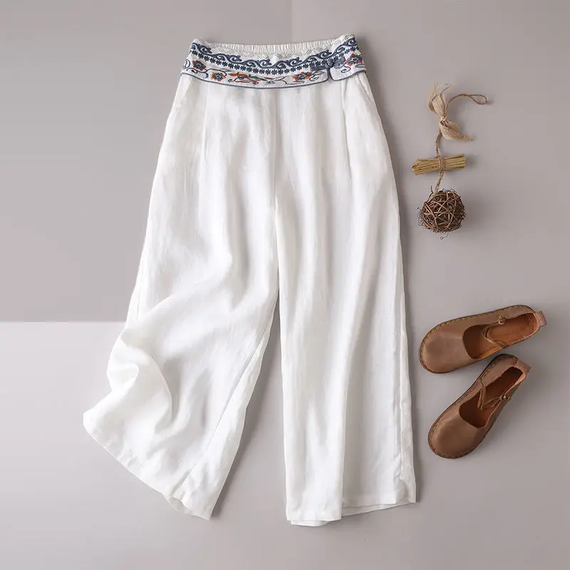 

Woofin Chinese Style Zen Tea Cotton Linen Literary Embroidery Wide Leg Pants