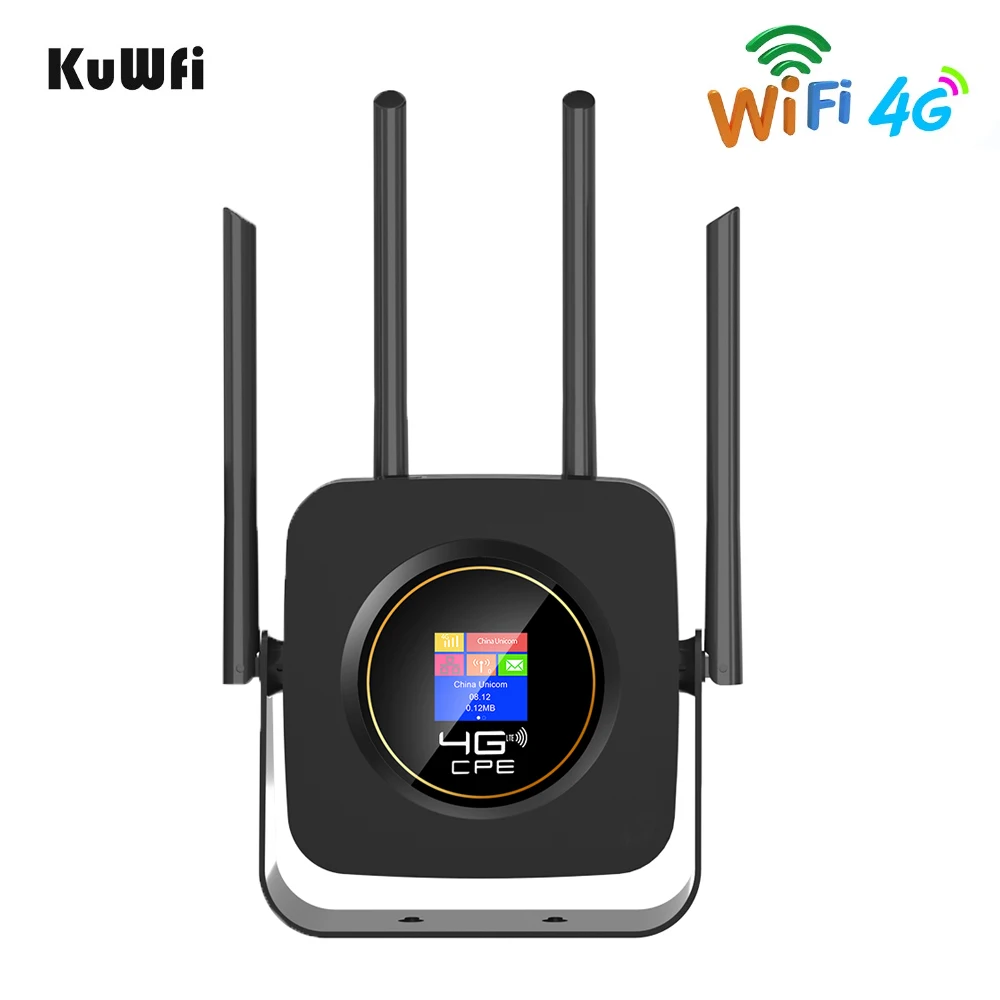 KuWfi 4G Wifi Router with Sim Card 300Mbps 4 Antennas LCD Display Mobile Wi-Fi Hotspot LTE Router Built-in 3000mAh Battery