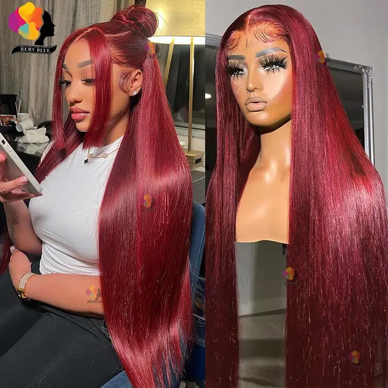 99J Straight Lace Front Human Hair Wigs Pre-plucked Cherry Red Human Hair Wigs Burgundy 13X4 Lace Frontal Wig Remy Human Hair