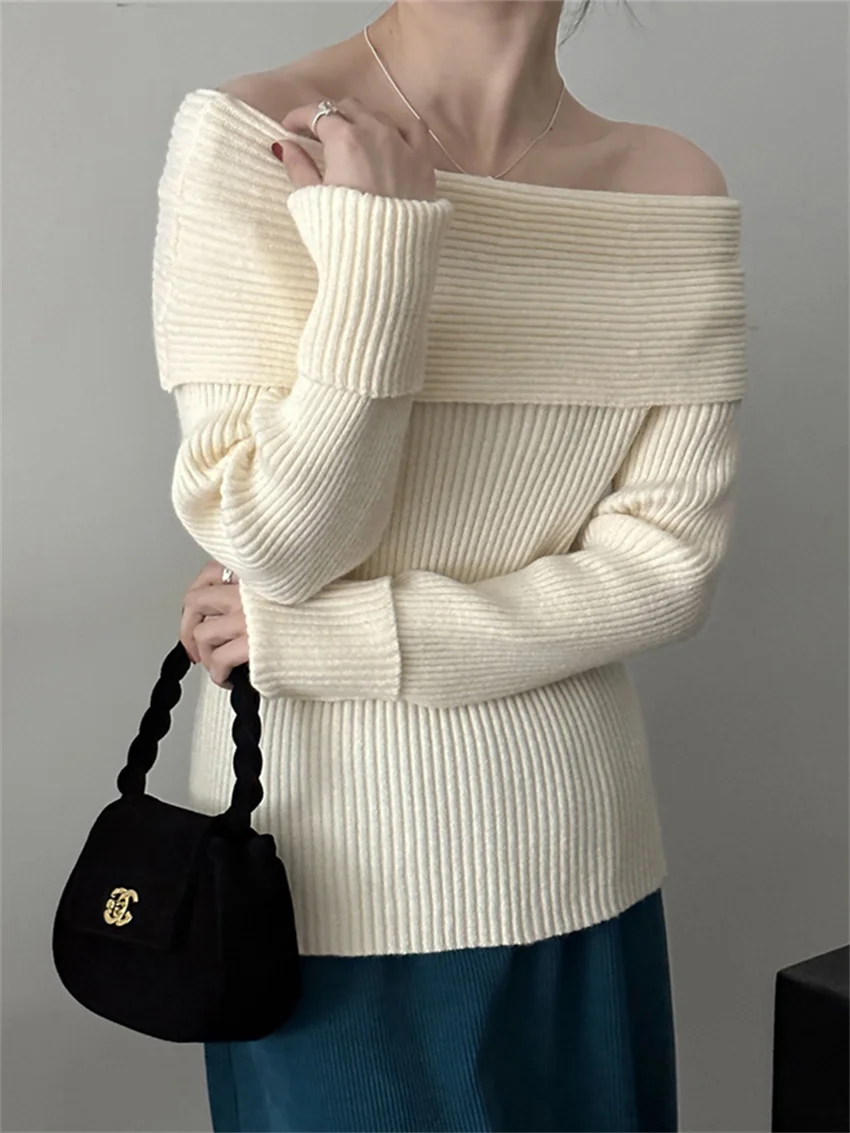 

HziriP 2023 Solid Elegant Jumpers Women Slash Neck Full Sleeve Knitted Mujer Pullovers Chic Lady Office Wear Winter OL Sweaters