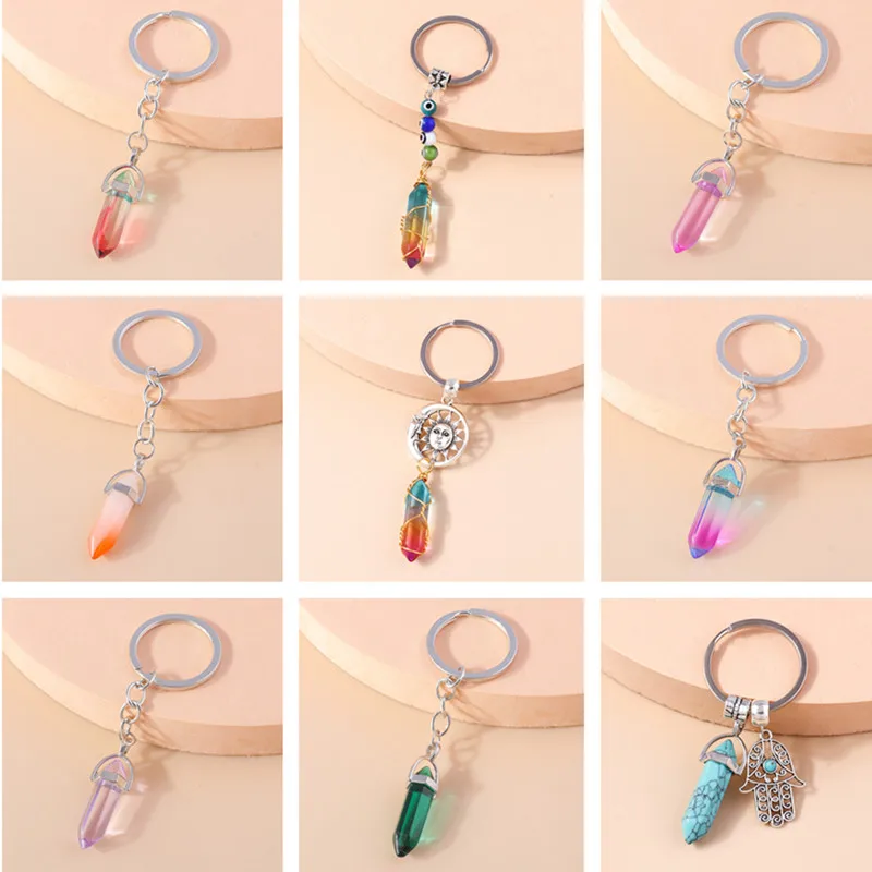 

Fashion Colorful Keychains Natural Stone Bullet Charms Keyrings for Wome Men Car Key Handbag Pendants Key Chains DIY Accessories