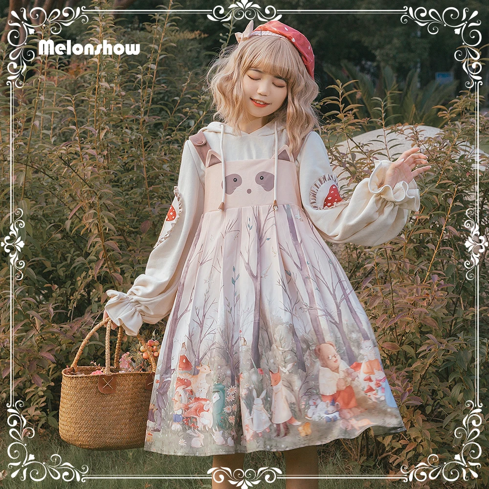 

Платье Melonshow Kawaii Lolita Cute Raccoon женское викторианское винтажное элегантное милое платье Lolita вечернее корейское Kawaii с капюшоном и оборками