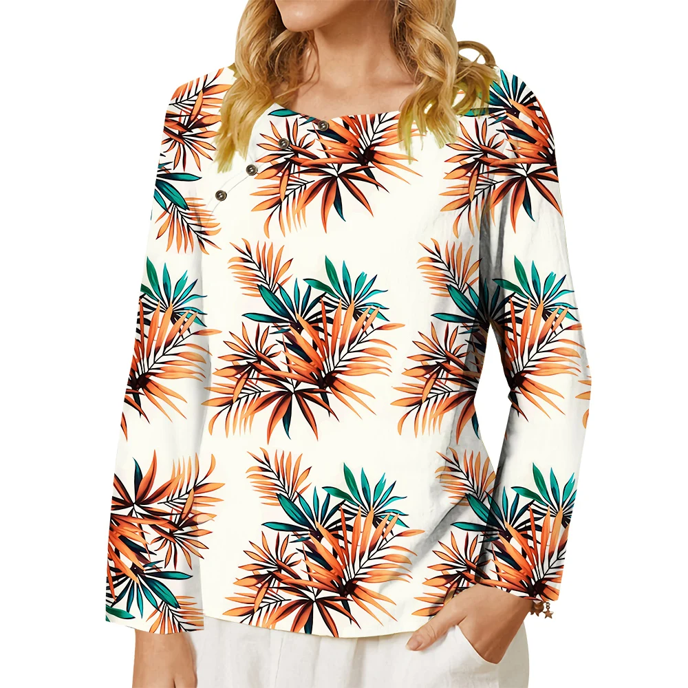 

CLOOCL Women T-shirt Hawii Yellow Leaf Graphics 3D Printed Tee Button Decorate Crew Neck Long Sleeve Casual Tops Female Clothes
