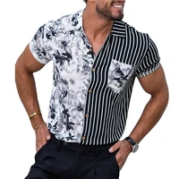 2022 new summer beach shirts mens stripe printing splicing casual short sleeve shirt men clothing camisa masculina