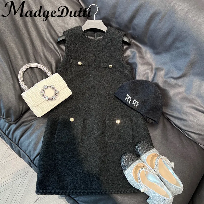 

11.25 MadgeDutti Temperament Metal Button Decoration Black Tweed Tank Mini Dress Women