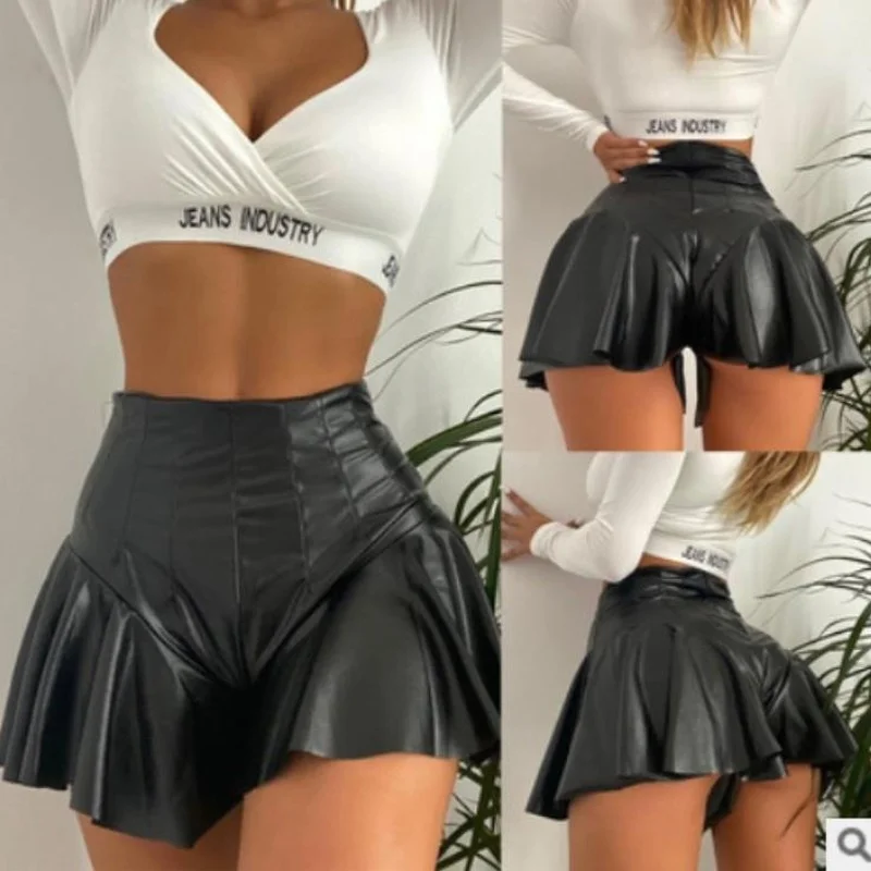 Women Sexy PU Lether Shorts Skirts High Waist Soild Color Shorts Party Clubwear Summer Fashion A-Line Mini Skirts 2022 New