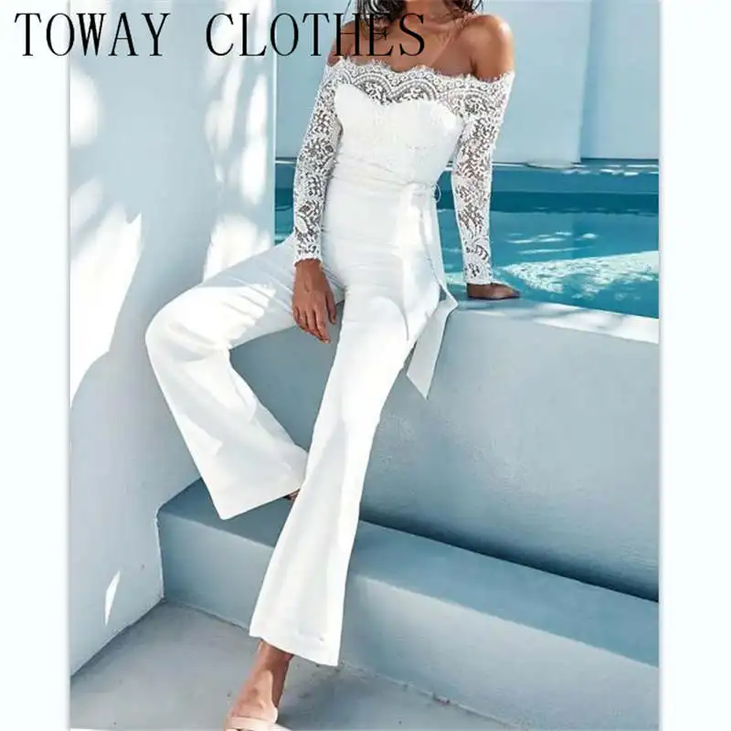 

Женский однотонный комбинезон с открытыми плечами и длинными рукавами, кружевной комбинезон с широкими штанинами и накладными ресницами, п...