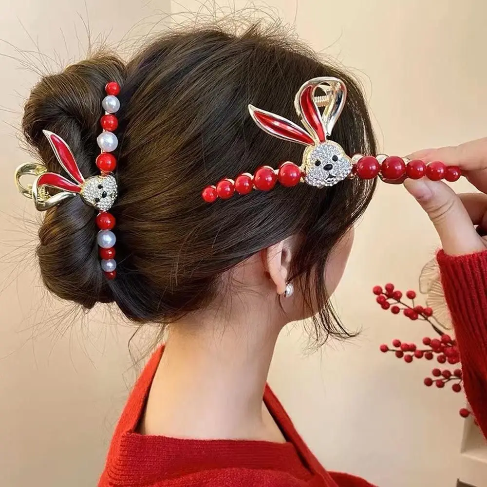 

Ponytail Holder Pearl Red Hair Clips Crystal Women Shark Clip Rabbit Hair Claws Beaded New Year Headwear New Headwear