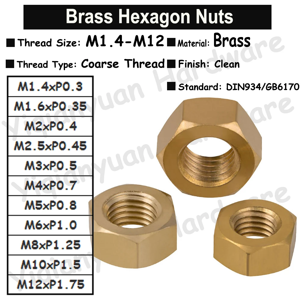 

DIN934 GB6170 Solid Brass Hexagon Nuts M1.4 M1.6 M2 M2.5 M3 M4 M5 M6 M8 M10 M12 Metric Coarse Thread Copper Hex Nuts for Screws