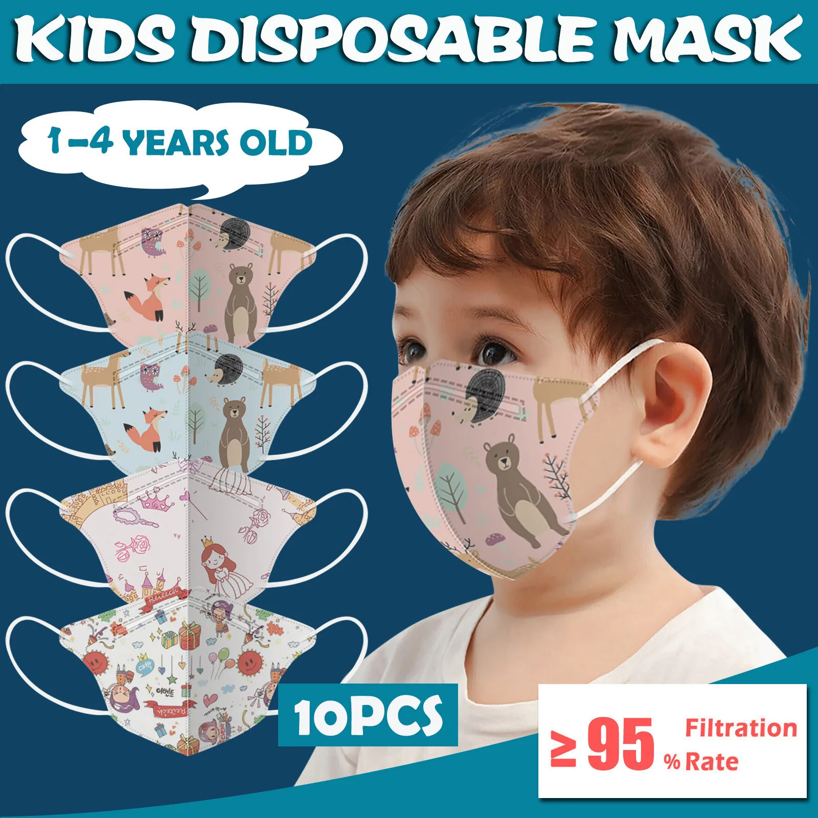 

10PCS Animal Print Kids Mask Disposable 3D Ultrathin Non Woven Baby Face Mask Cartoon 4Ply Ear Loop Children's Masks Masque